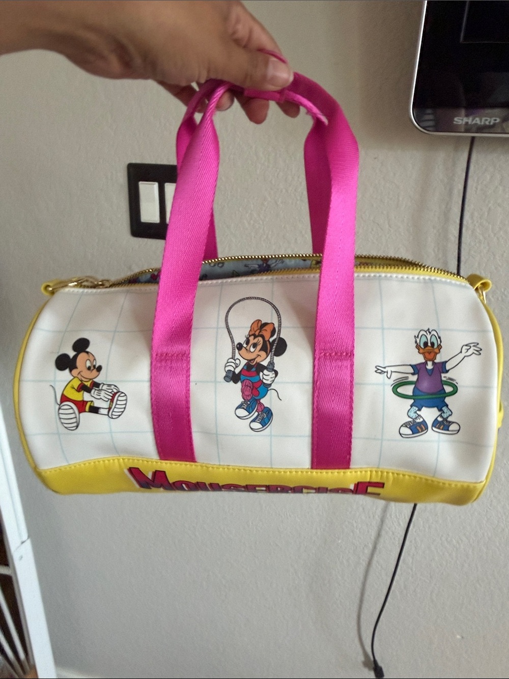 Loungefly White Kids Duffle with Hot Pink Handles and Yellow Trim